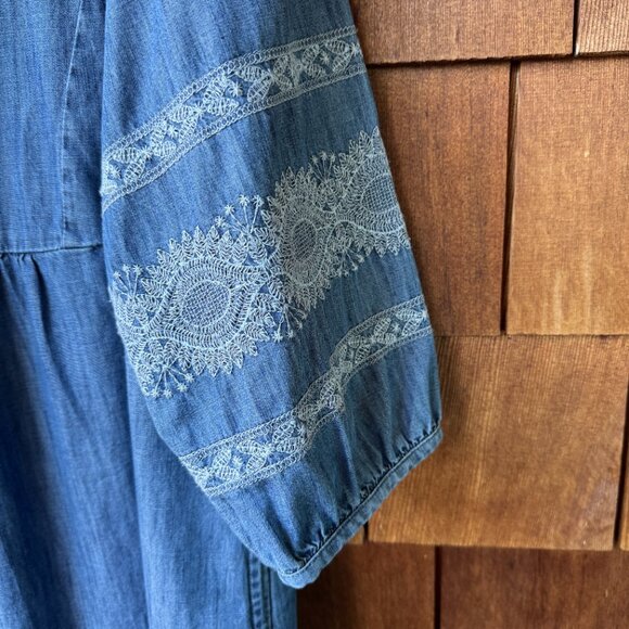J Jill Denim Blue Boho Embroidered Dress Shift 3/4 Sleeve V-Neck - Petite Large - Picture 5 of 13